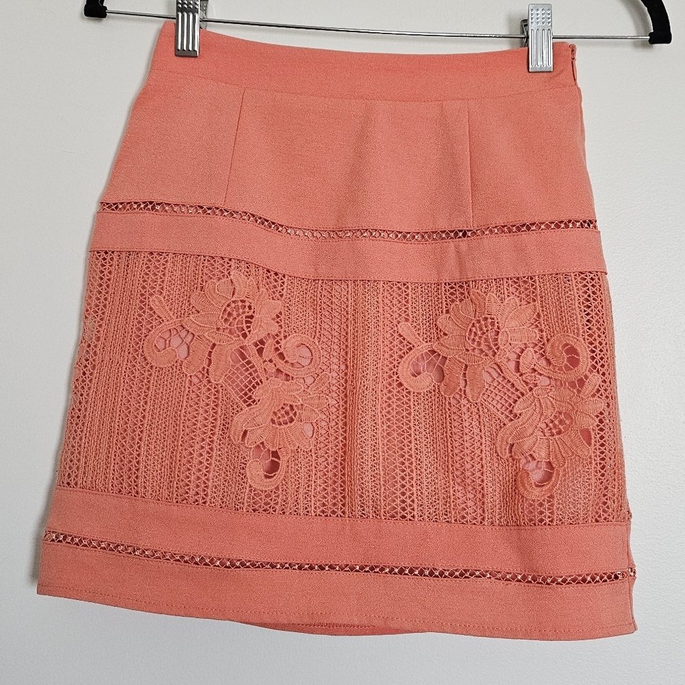 Lip Service Gyaru Coral Peach Mini Pencil Skirt with Crochet Floral Design